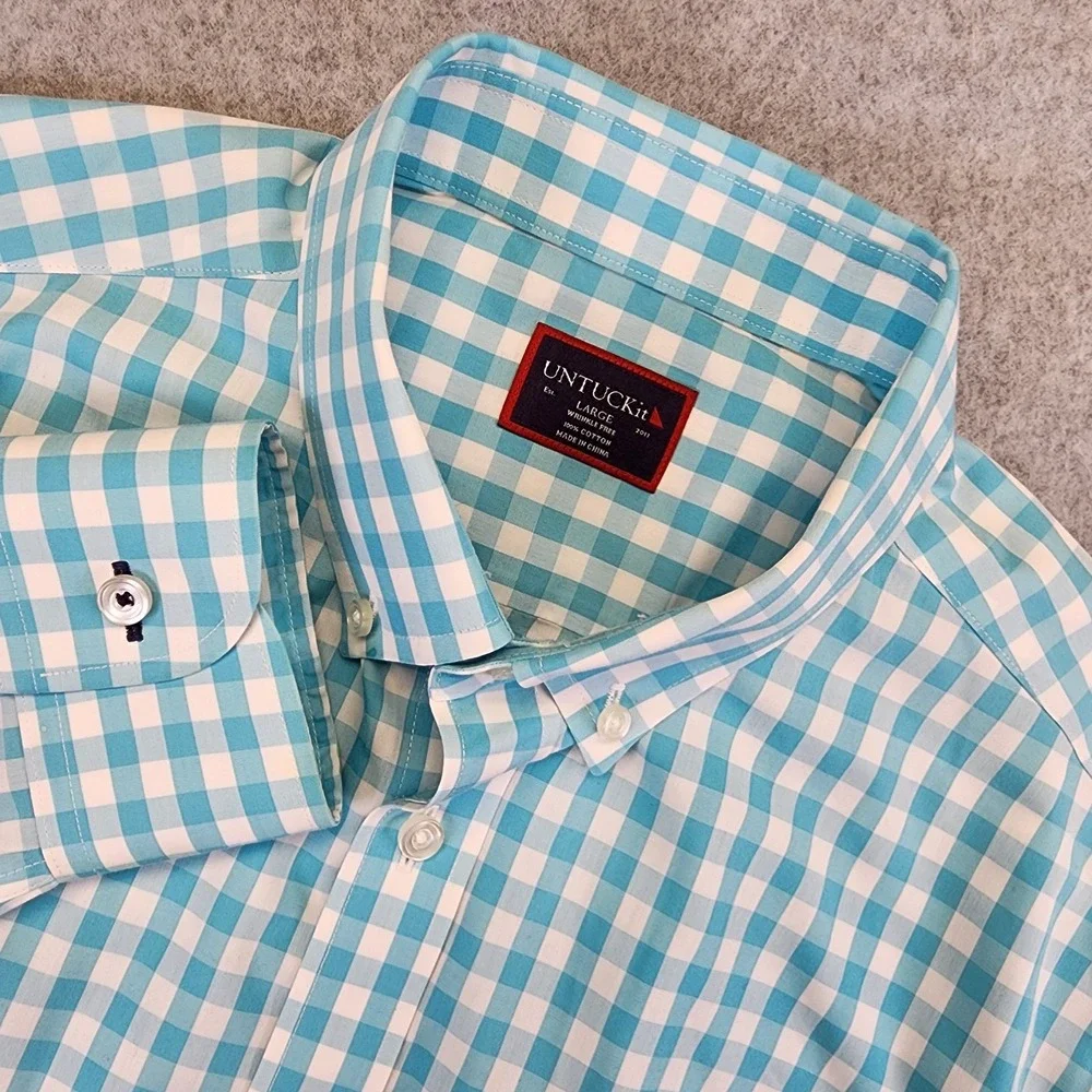UNTUCKit Torrance Mens L Long Sleeve Button Shirt Aqua Blue Gingham Check Plaid